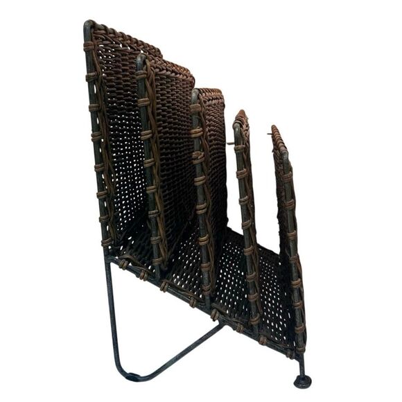 Vtg MCM Desktop Hand Woven Wicker Metal Vinyl Stationary Magazine Rack Holder - Picture 4 of 11